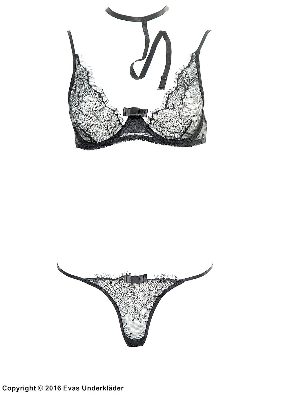 Dessous-Sets mit BH und Slip, Wimpernspitze, Halsband